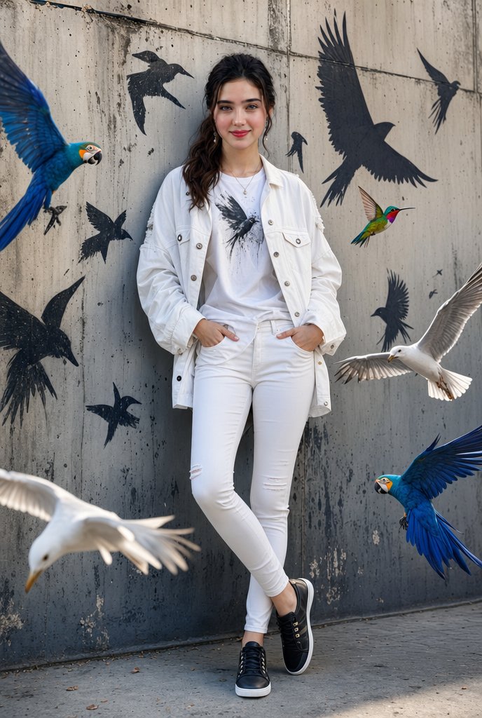 Urban fashion portrait of a woman in white streetwear leaning on a concrete wall with colorful flying birds and graffiti silhouettes.